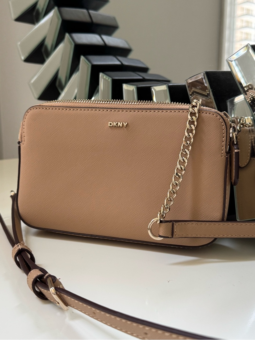 DKNY Beige Tan Crossbody with Gold Chain Accent